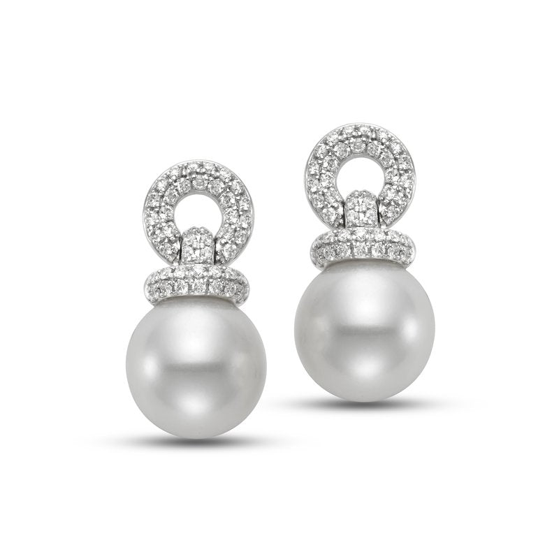 Fresh water pearl & pave' diamond drop earrings in 18kt white gold by Mastoloni - Gaines Jewelers