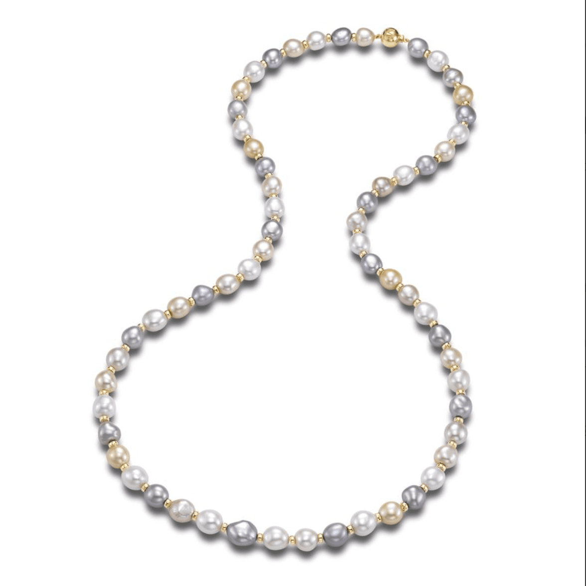 Fresh Water pearl strand, pastels with gold beads 36" 18kt yellow gold by Mastoloni - Gaines Jewelers