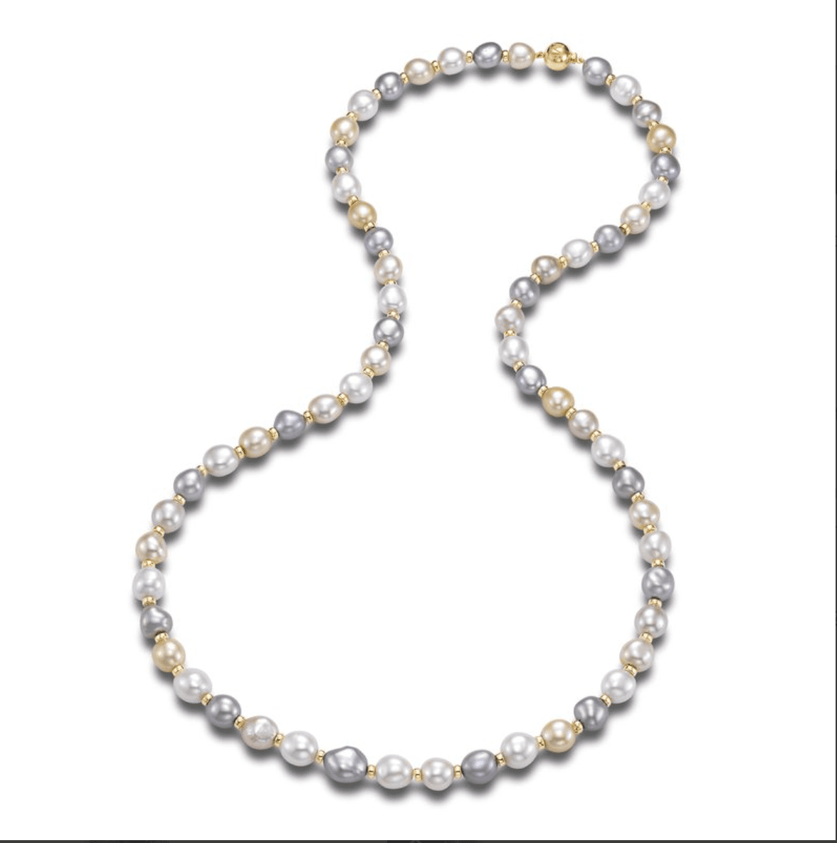 Fresh Water pearl strand, pastels with gold beads 36" 18kt yellow gold by Mastoloni - Gaines Jewelers