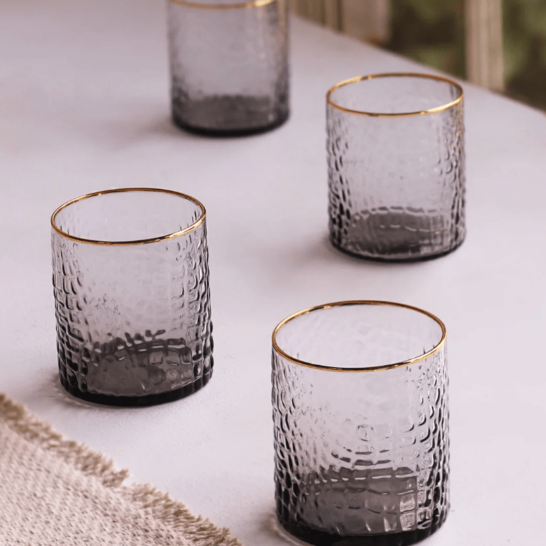Glass Croc Double Old - Fashioned with Gold Rim Set of 4 (Smoke Grey) - Beatriz Ball - Gaines Jewelers
