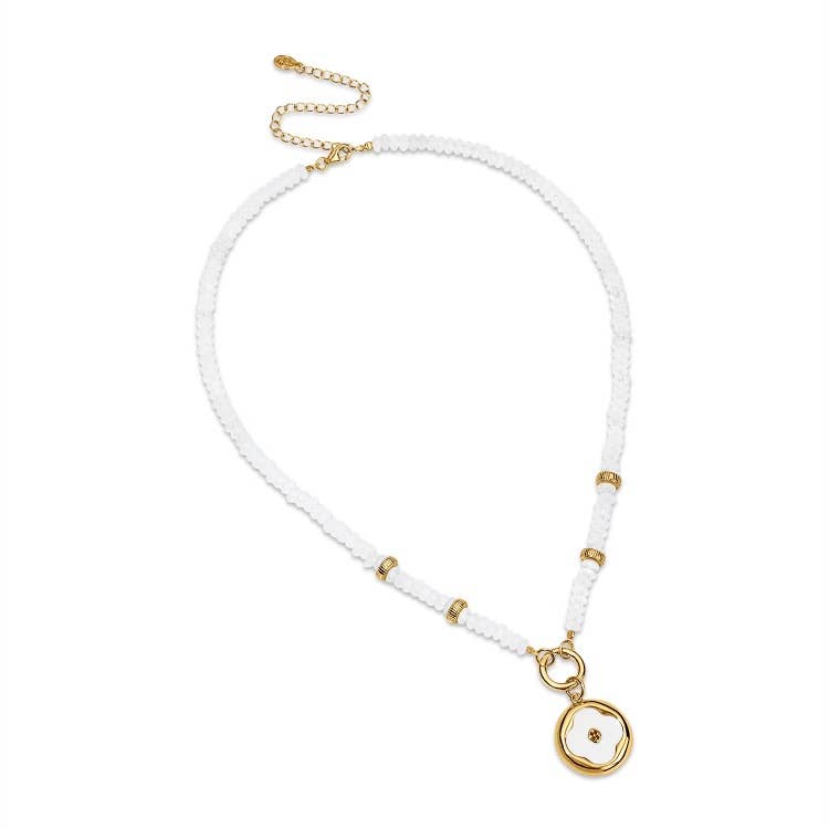 Gracewear Collection - Medallion gold opal necklace with shield charm: Palm beach pink - Gaines Jewelers