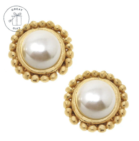 Handcast Gold Dotted Round with White Genuine Pearl Earrings Susan Shaw - Gaines Jewelers