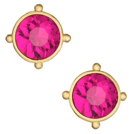 Handcast Gold Jot Pink Round Crystal Coupe Stud Earrings Susan Shaw - Gaines Jewelers