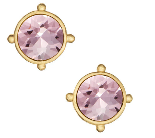 Handcast Gold Light Pink Round Crystal Coupe Stud Earrings Susan Shaw - Gaines Jewelers