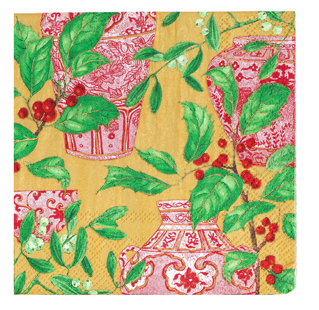 Holly And Porcelain Cocktail Napkin - Caspari - Gaines Jewelers