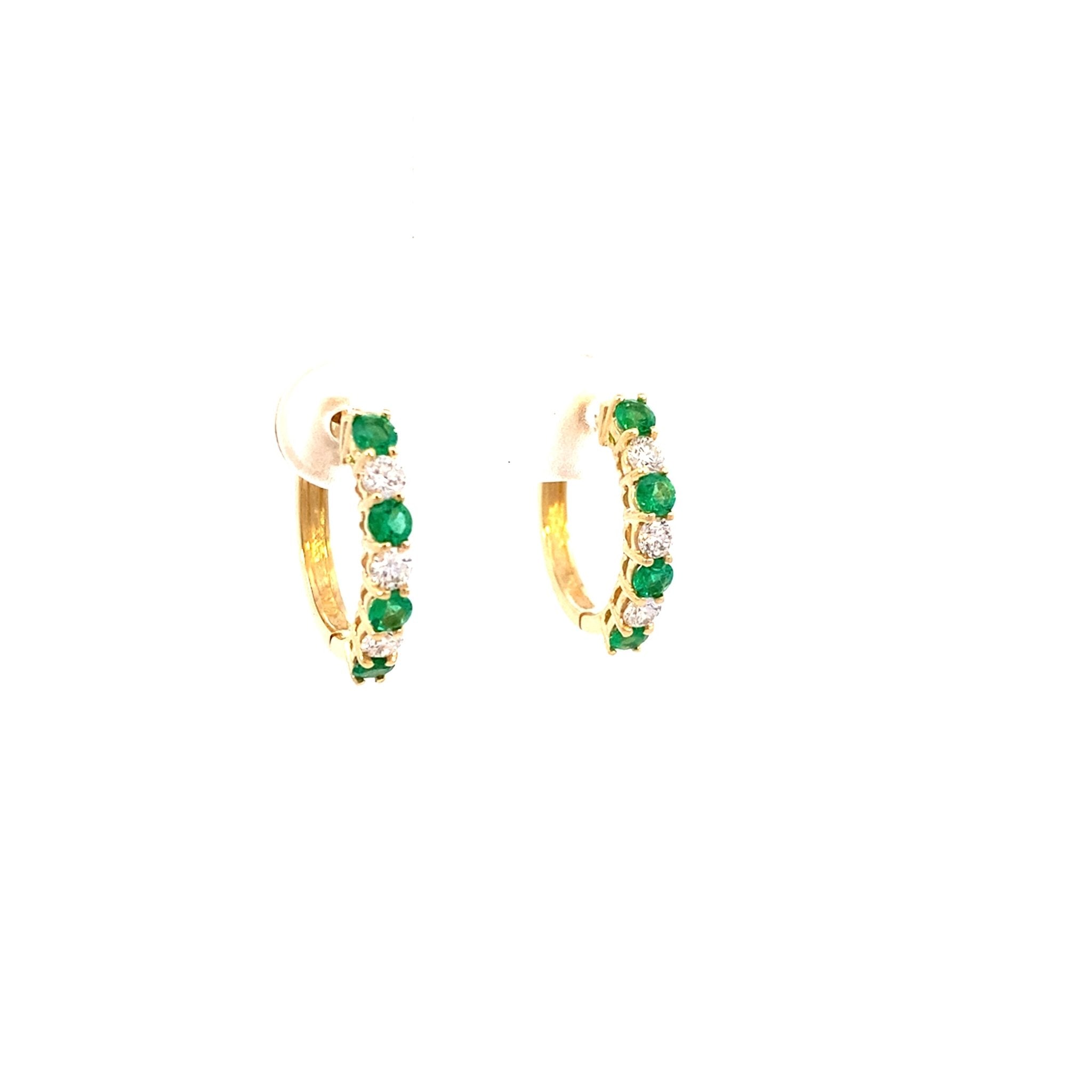 Hoop earrings with emeralds and diamonds, small in 14kt yellow gold by Nemati - Gaines Jewelers