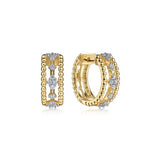 Huggie earrings with outer beaded edges and center set with diamonds 2 - tone by Gabriel - Gaines Jewelers