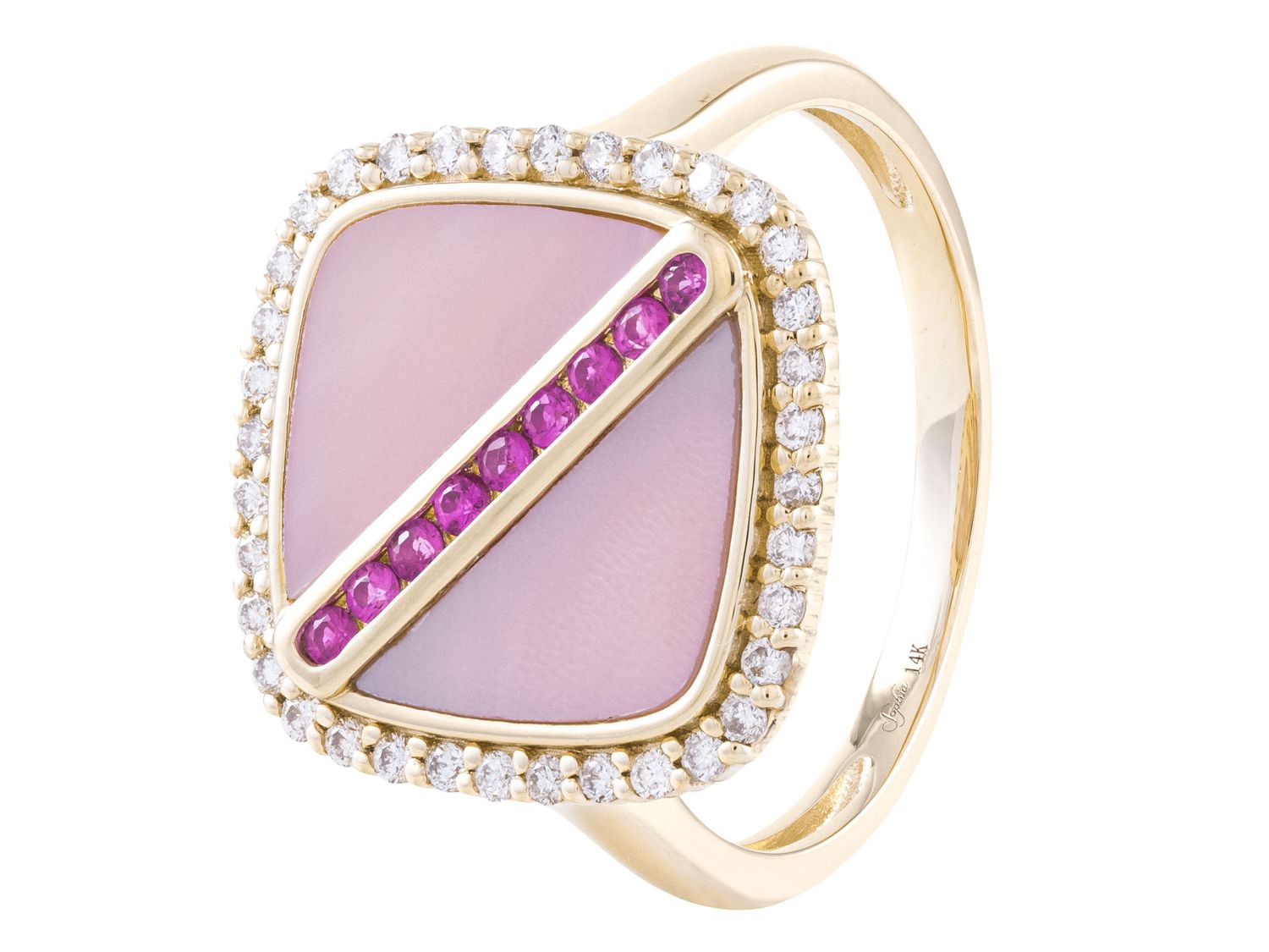 Inlaid mother - of - pearl ring with pink sapphires - Gaines Jewelers