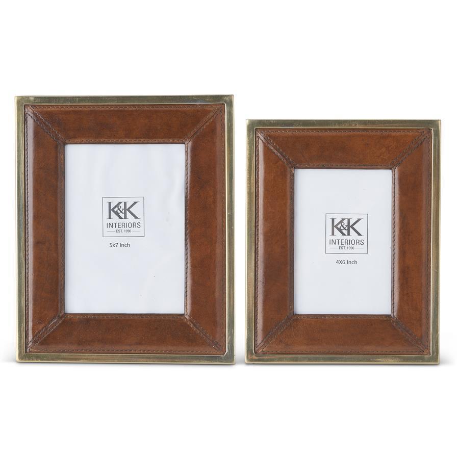 Large 5x7 Brown Leather Gold Metal Trimmed Photo Frame - K&K Interiors - Gaines Jewelers