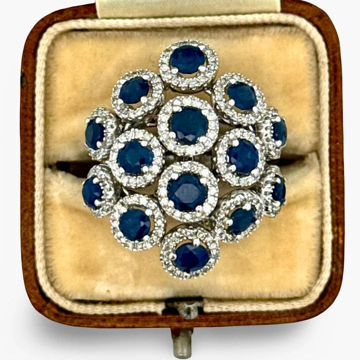 ****Large sapphire and diamond ring with 14 clusters vintage 1980 in 14kt white gold by MDJ - Gaines Jewelers