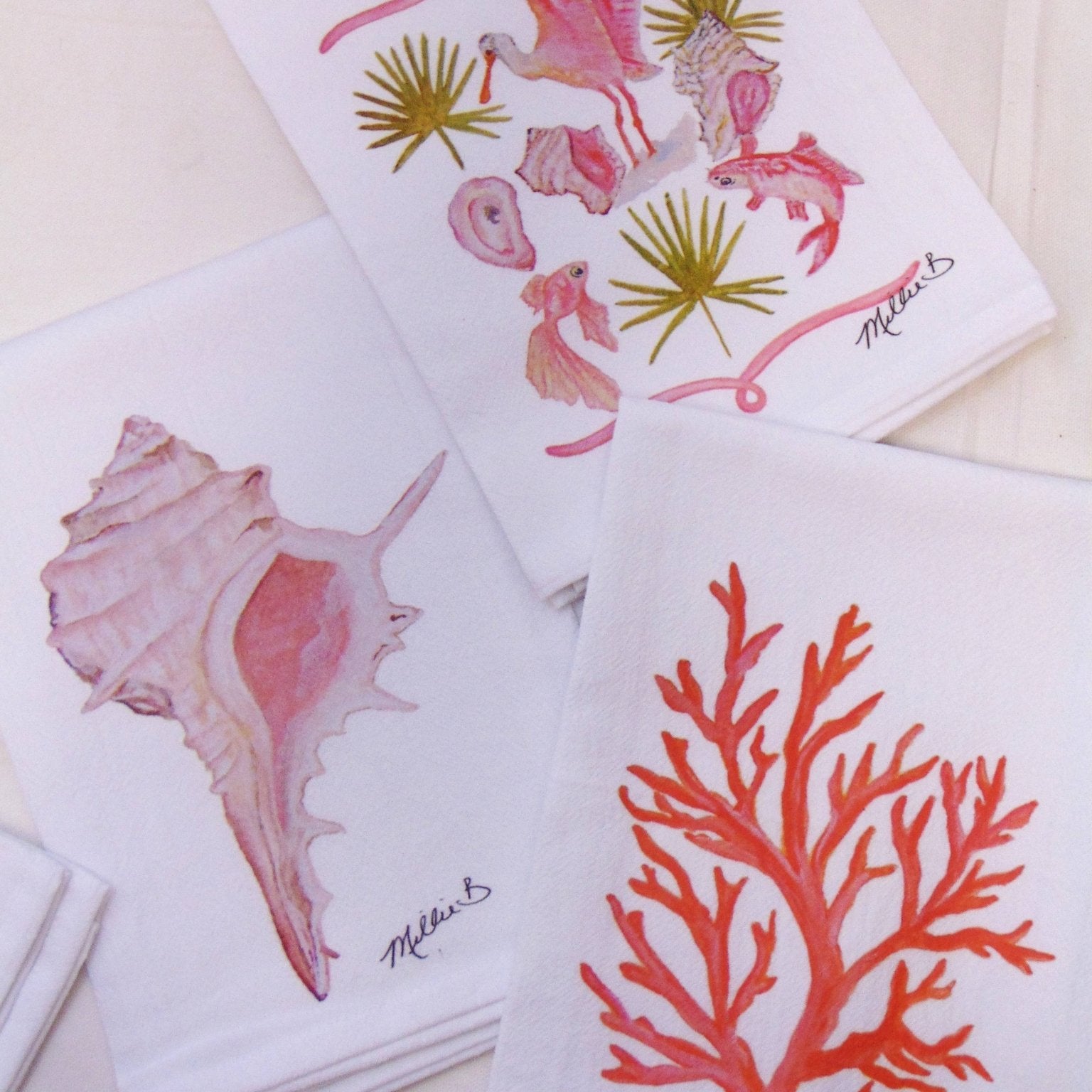 Lowcountry Linens - Limited Edition Coral Coastal Life Flour Sack Napkins - Gaines Jewelers
