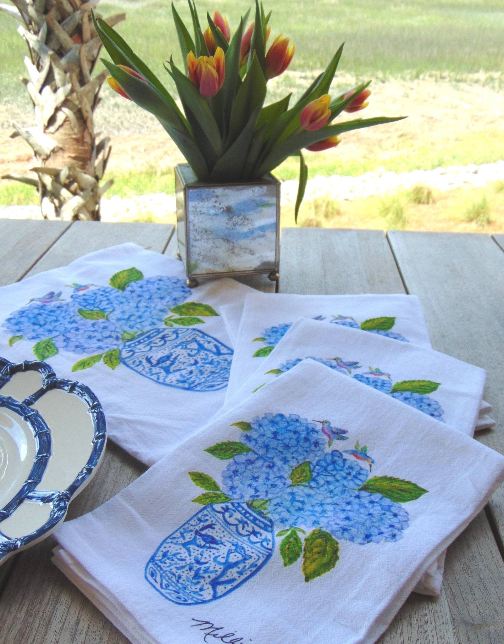 Lowcountry Linens - Limited Edition Hydrangeas Hummingbirds Flour Sack Napkins - Gaines Jewelers