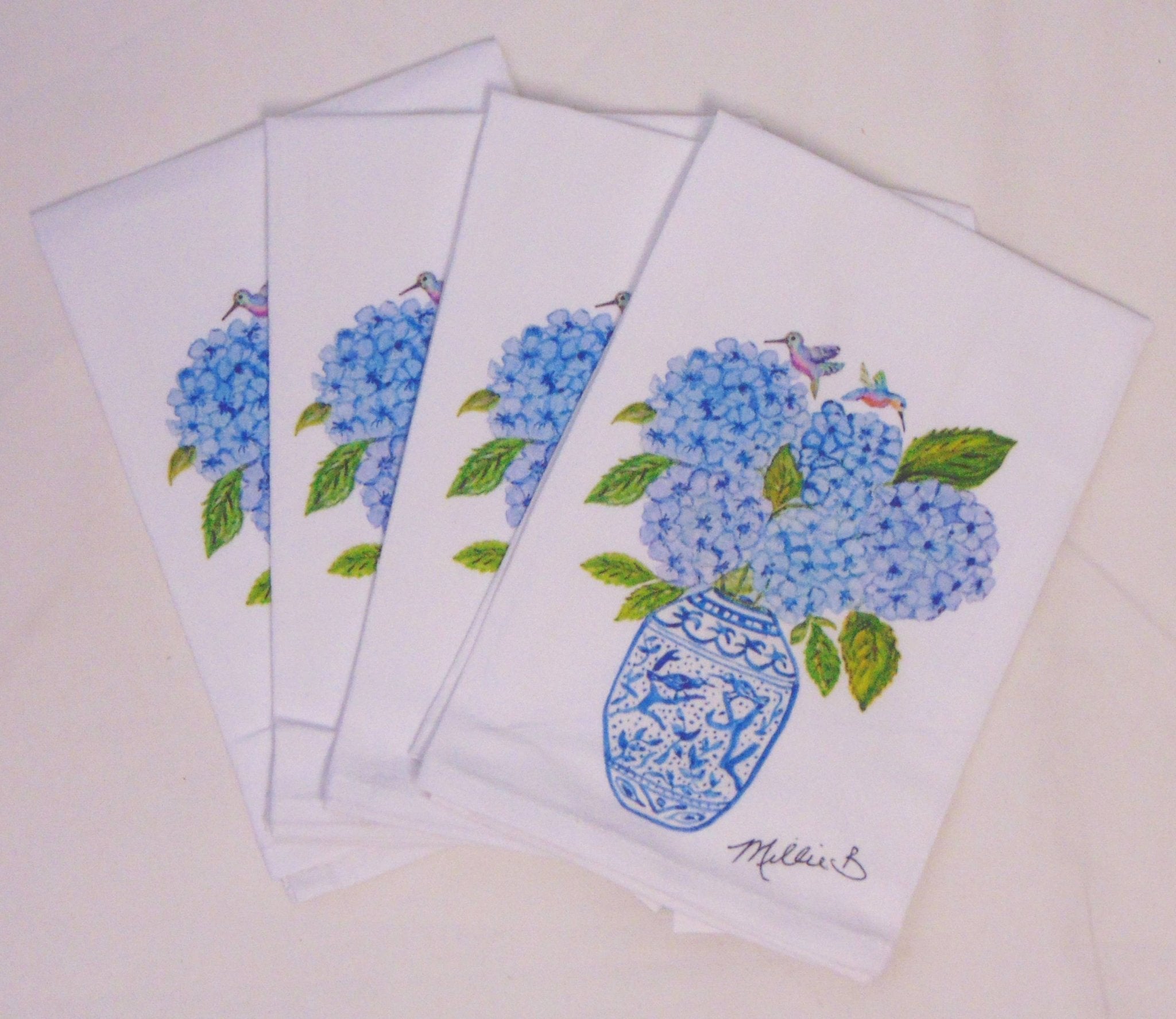 Lowcountry Linens - Limited Edition Hydrangeas Hummingbirds Flour Sack Napkins - Gaines Jewelers