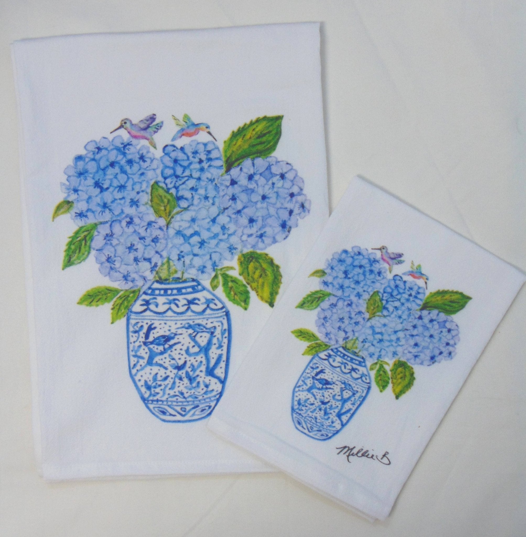 Lowcountry Linens - Limited Edition Hydrangeas Hummingbirds Flour Sack Napkins - Gaines Jewelers