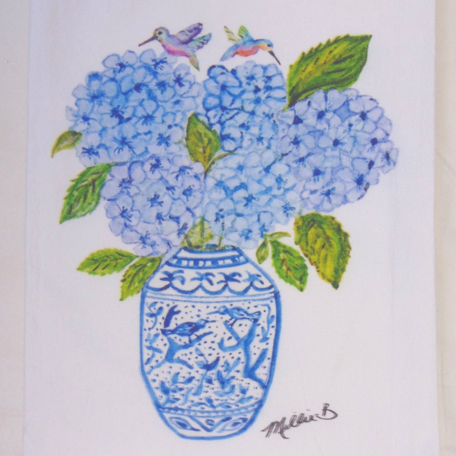 Lowcountry Linens - Limited Edition Hydrangeas Hummingbirds Flour Sack Napkins - Gaines Jewelers
