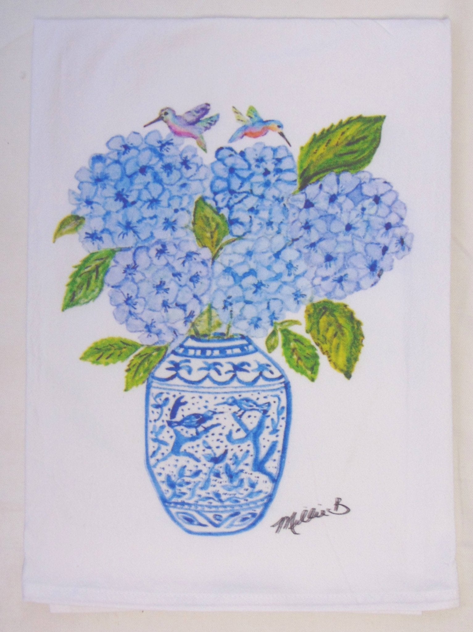 Lowcountry Linens - Limited Edition Hydrangeas Hummingbirds Flour Sack Napkins - Gaines Jewelers