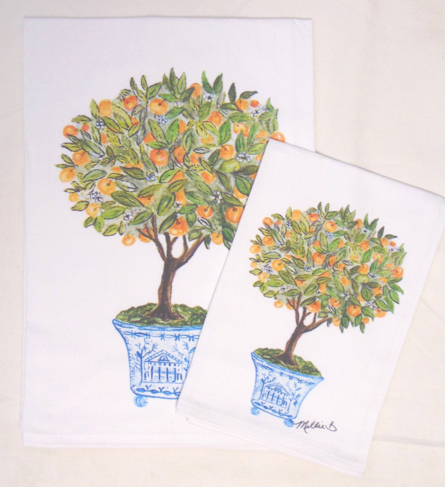 Lowcountry Linens - Limited Edition Orange Topiary Tree Flour Sack Napkins - Gaines Jewelers