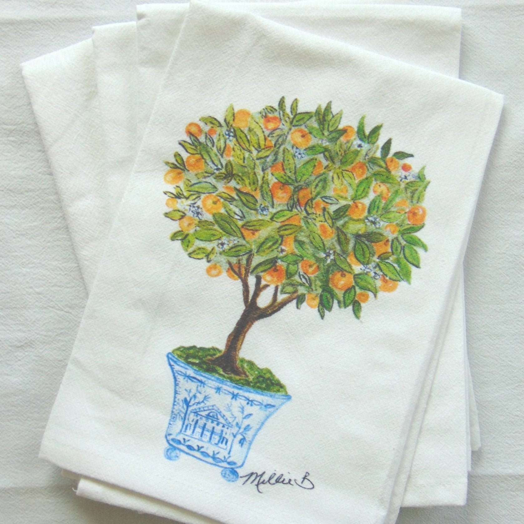 Lowcountry Linens - Limited Edition Orange Topiary Tree Flour Sack Napkins - Gaines Jewelers