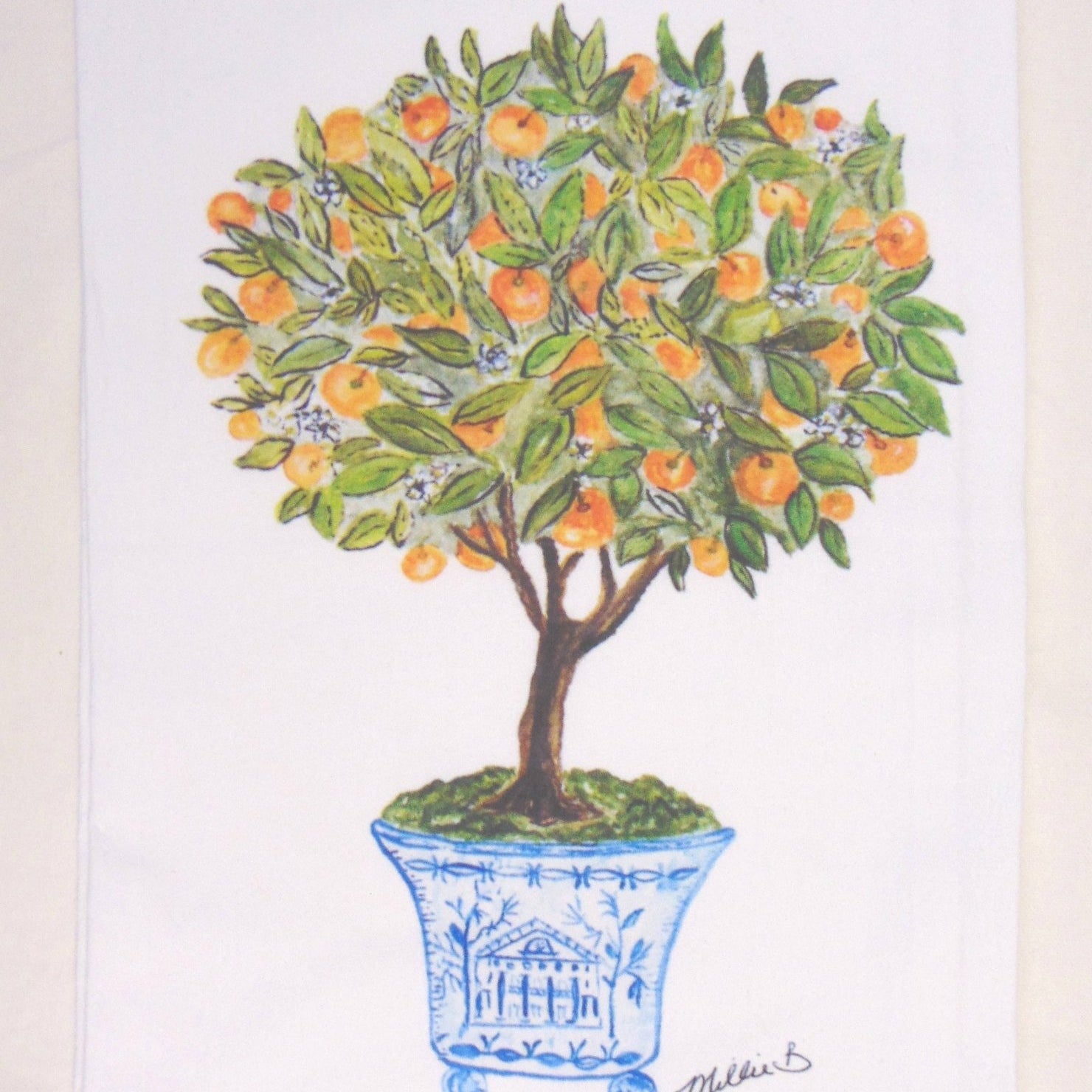 Lowcountry Linens - Limited Edition Orange Topiary White Flour Sack Towel - Gaines Jewelers