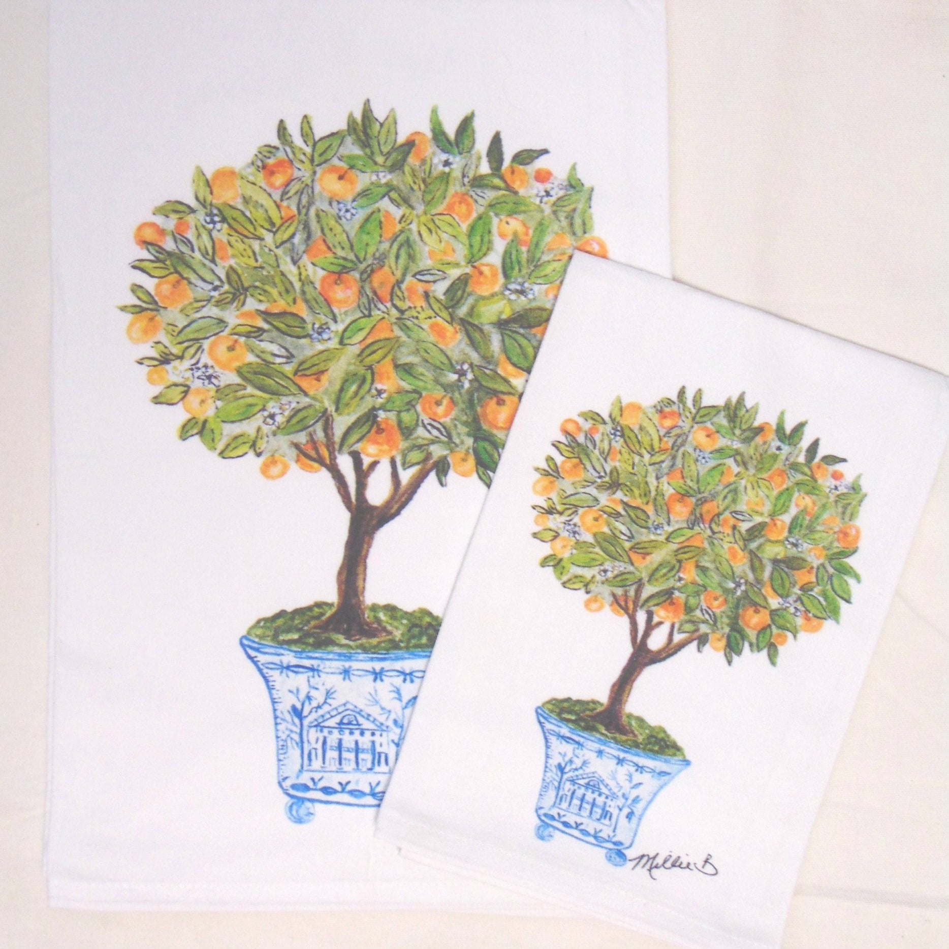 Lowcountry Linens - Limited Edition Orange Topiary White Flour Sack Towel - Gaines Jewelers