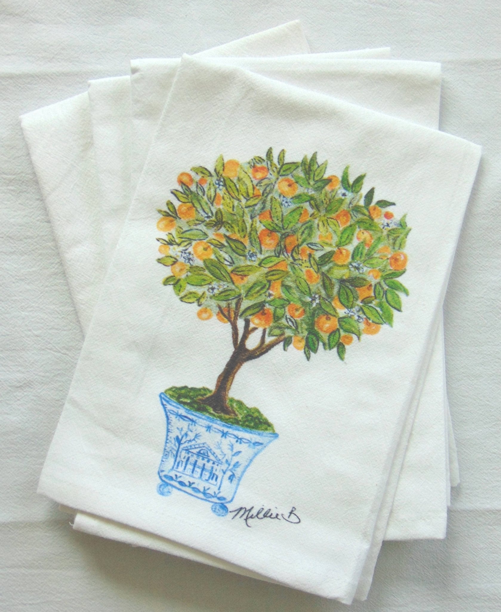 Lowcountry Linens - Limited Edition Orange Topiary White Flour Sack Towel - Gaines Jewelers