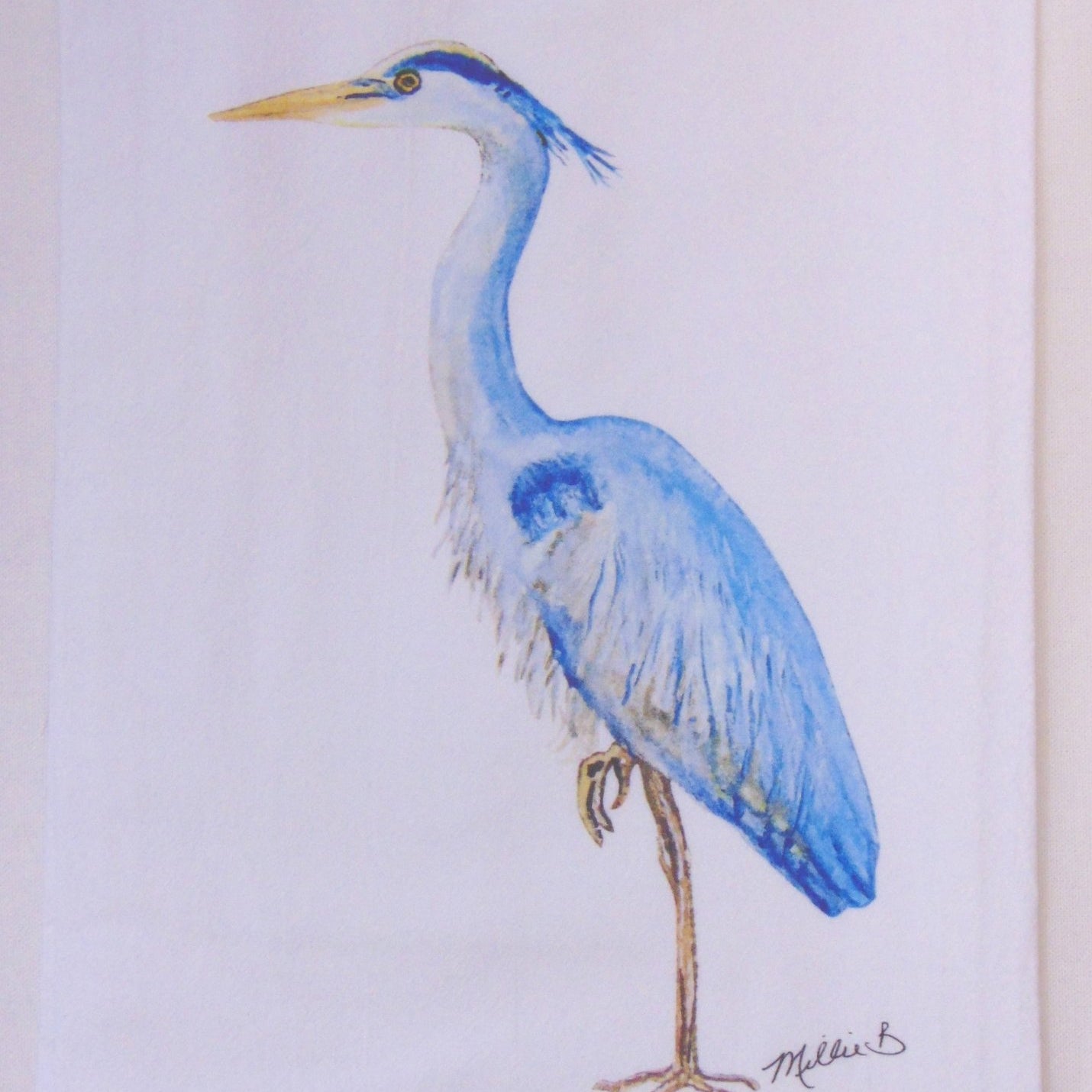 Lowcountry Linens - Limited Edition Tall Blue Heron on White Flour Sack Towel - Gaines Jewelers