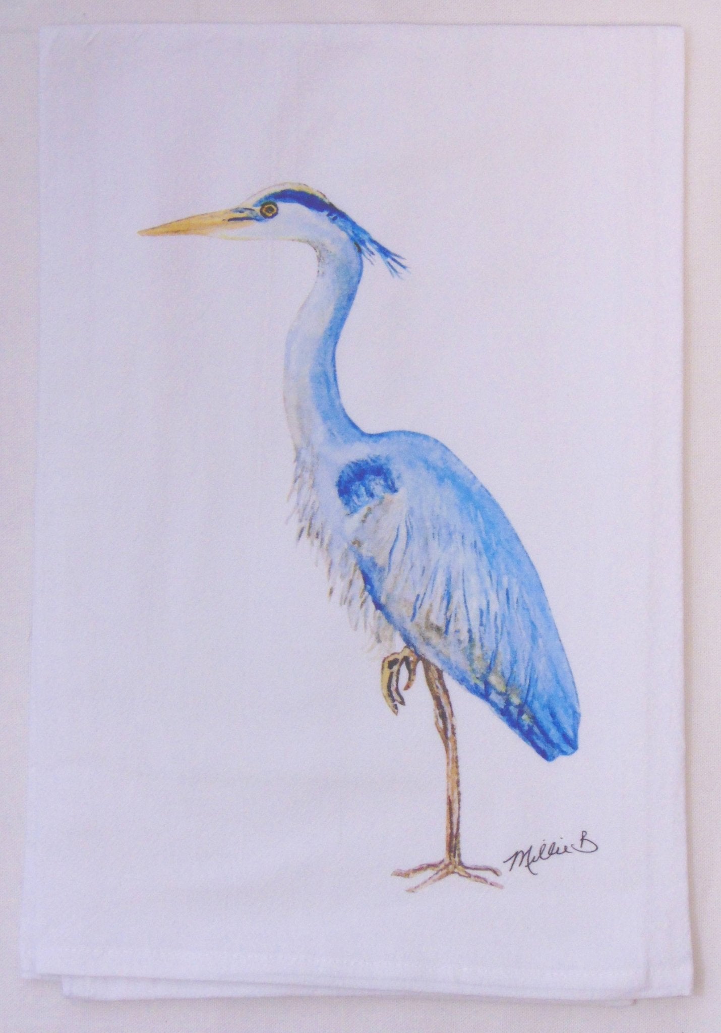 Lowcountry Linens - Limited Edition Tall Blue Heron on White Flour Sack Towel - Gaines Jewelers