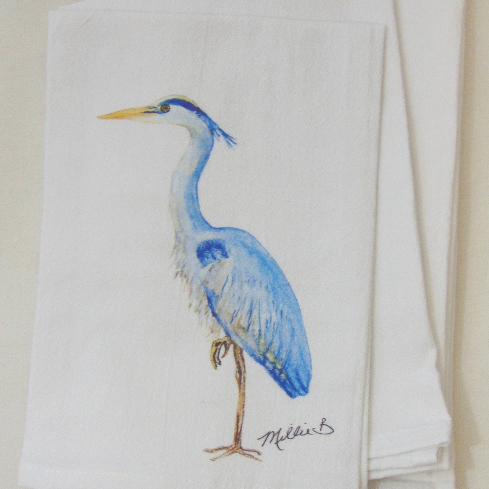 Lowcountry Linens - Limited Edition Tall Blue Heron on White Flour Sack Towel - Gaines Jewelers