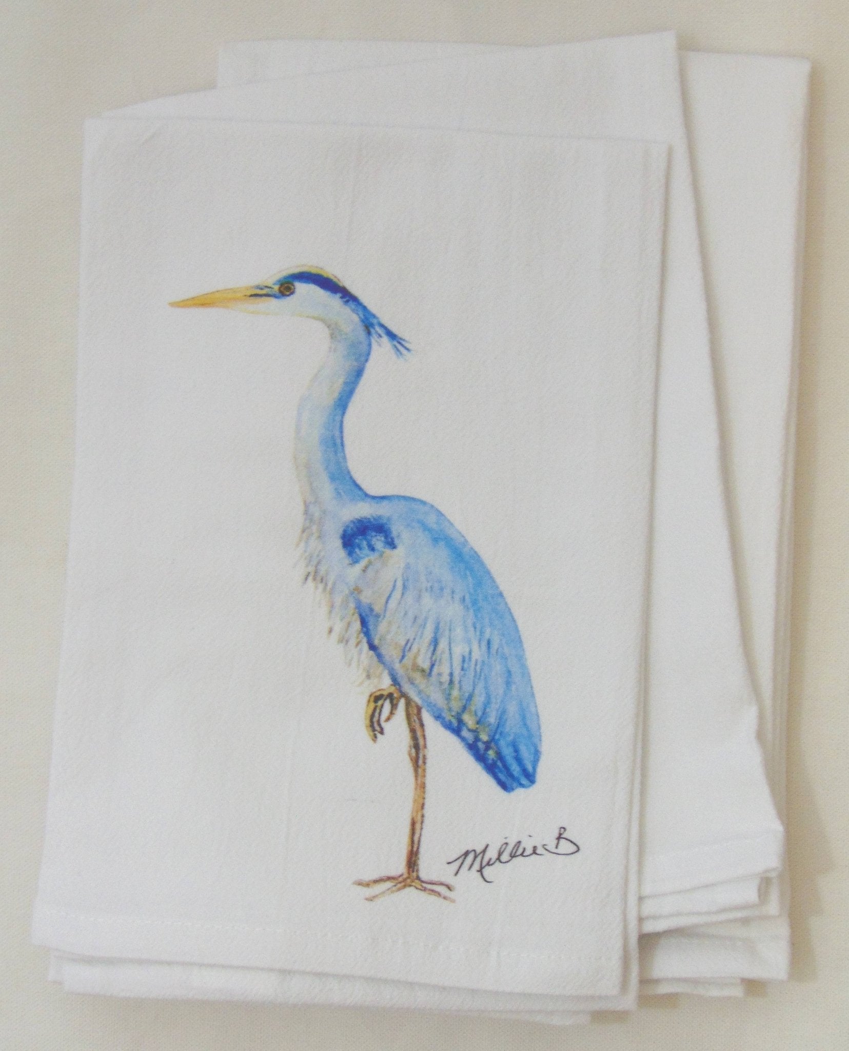 Lowcountry Linens - Limited Edition Tall Blue Heron on White Flour Sack Towel - Gaines Jewelers