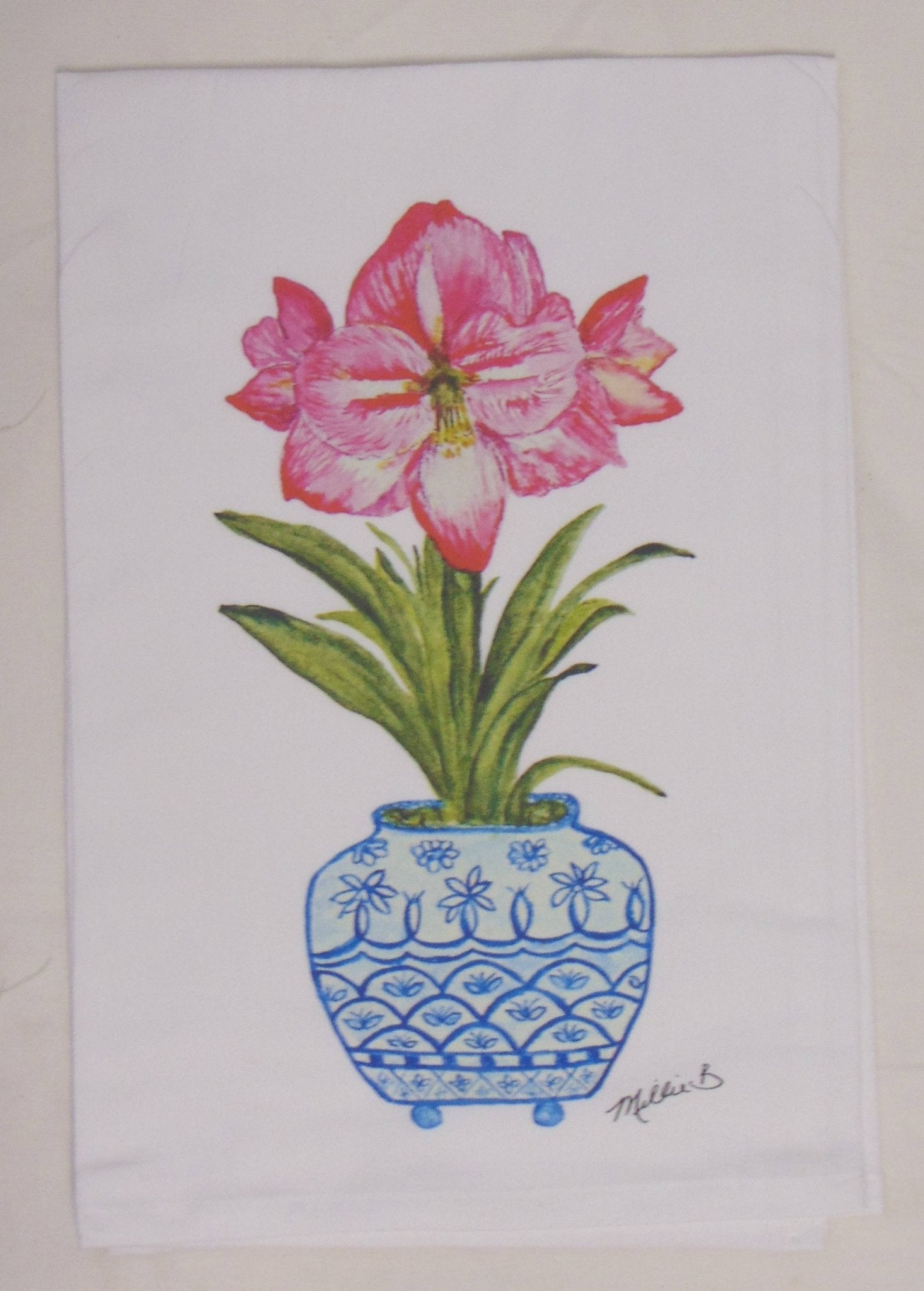 Lowcountry Linens - Limited Edition Watercolor Amaryllis White Flour Sack Towel - Gaines Jewelers