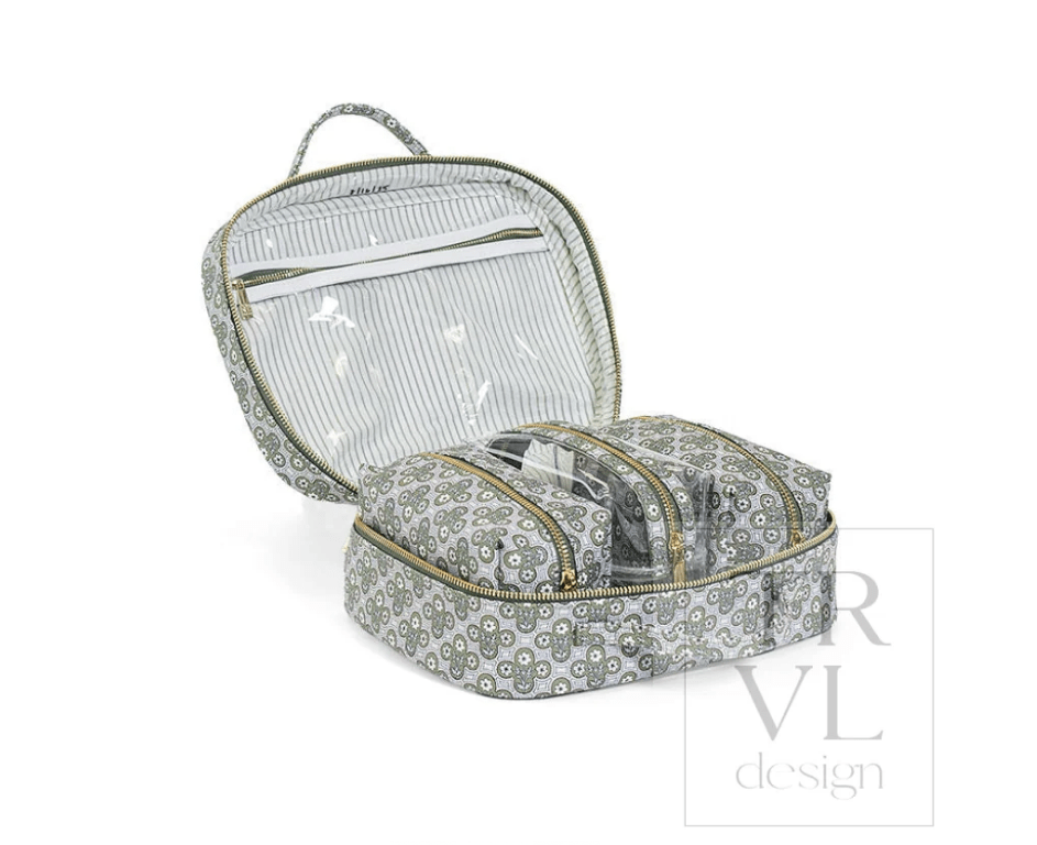 Luxe Trvl 2 Cosmetic Toiletry Case - Surrey with Green Pinstripe Liner - TRVL Design - Gaines Jewelers