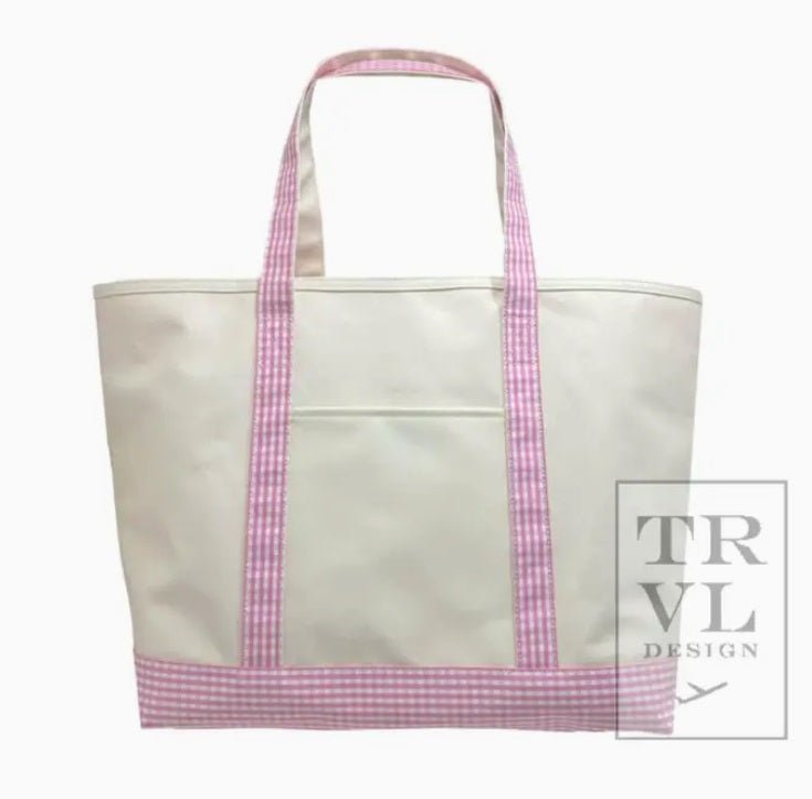 Maxi Tote - Coated Canvas Large Natural with Gingham Pink - TRVL Design - Gaines Jewelers