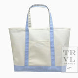 Maxi Tote - Coated Canvas Large Natural with Gingham Sky Trim - TRVL Design - Gaines Jewelers