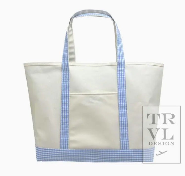 Maxi Tote - Coated Canvas Large Natural with Gingham Sky Trim - TRVL Design - Gaines Jewelers