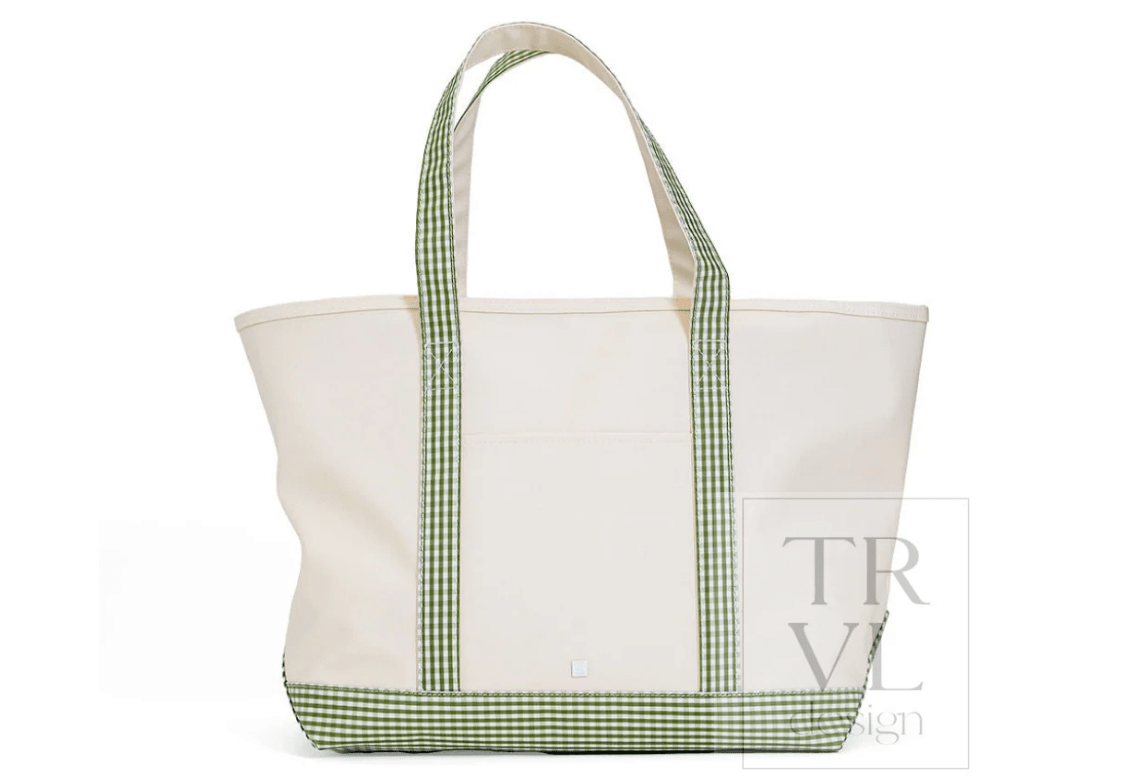 Maxi Tote - Coated Canvas Natural with Gingham Moss Trim - Trvl Deisgn - Gaines Jewelers