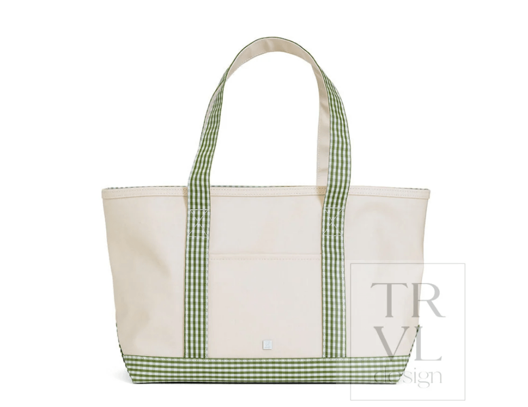 Medium Tote - Coated Canvas Natural with Gingham Moss Trim - Trvl Deisgn - Gaines Jewelers