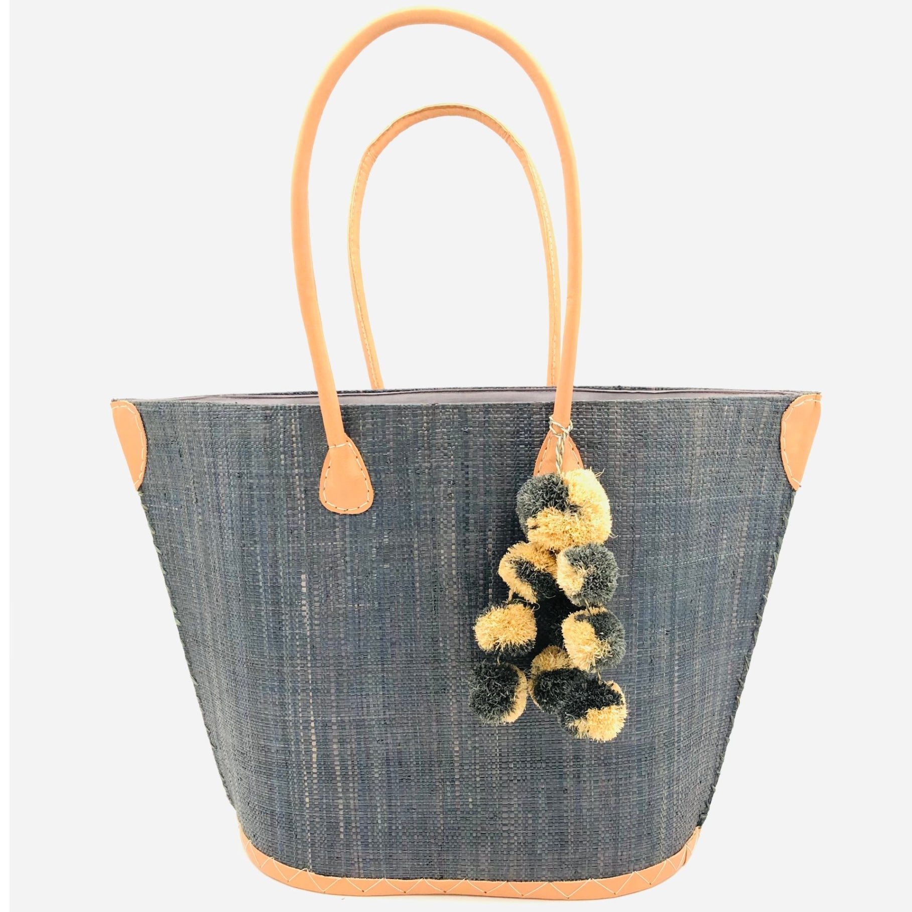 Melanga Straw Tote Bag with Waterfall Pompoms: Pompoms / Grey- Shebobo - Gaines Jewelers