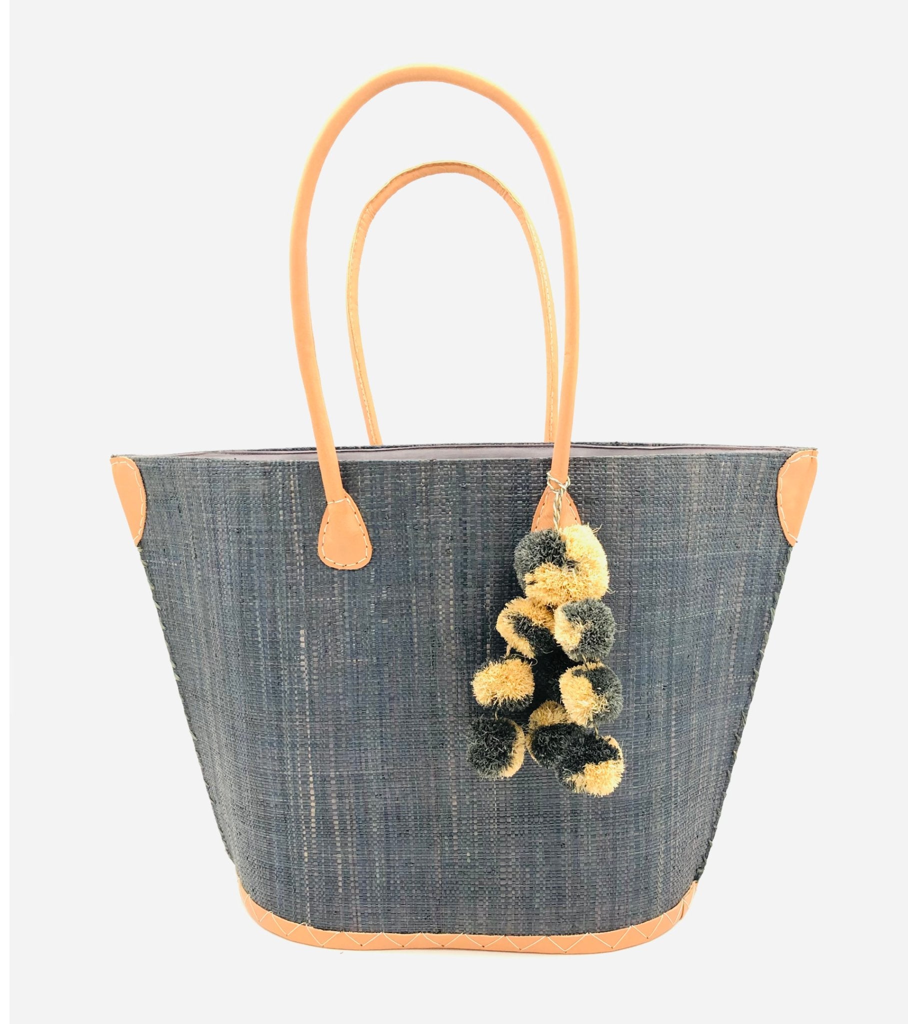 Melanga Straw Tote Bag with Waterfall Pompoms: Pompoms / Grey- Shebobo - Gaines Jewelers