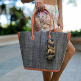 Melanga Straw Tote Bag with Waterfall Pompoms: Pompoms / Grey- Shebobo - Gaines Jewelers
