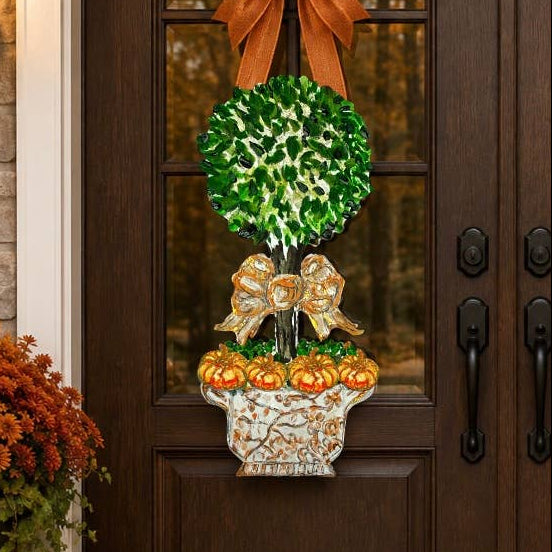 Mid Mod Design LLC - LARGE Designer PAIR of Chinois Pumpkin Topiary Door Hangers - Gaines Jewelers