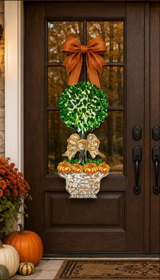 Mid Mod Design LLC - LARGE Designer PAIR of Chinois Pumpkin Topiary Door Hangers - Gaines Jewelers