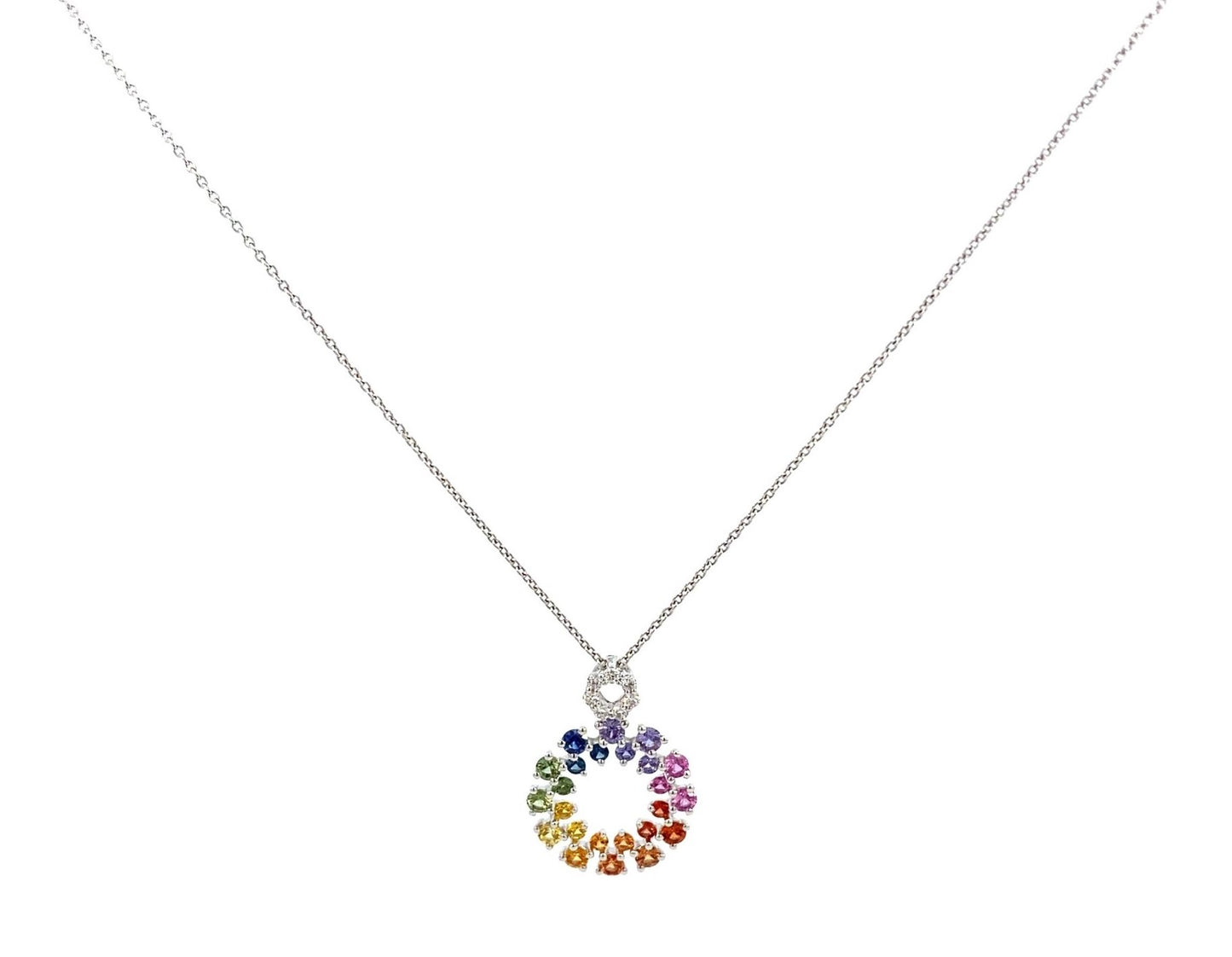 Necklace multi color sapphire and diamond circle 14kt white gold