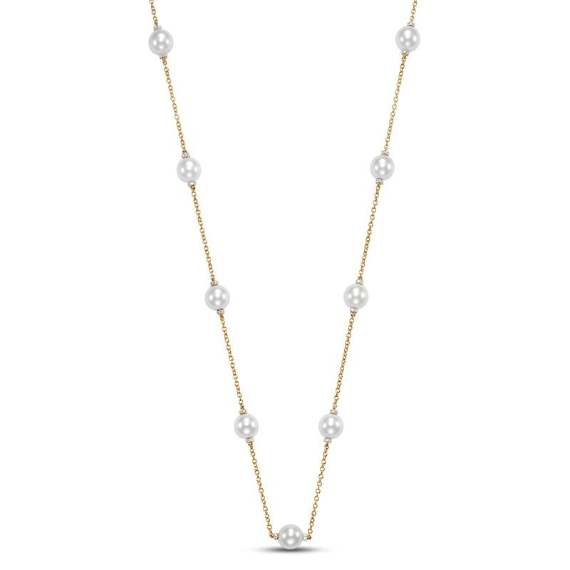 Necklace 9mm pearls accented with diamonds 9 stations 18kt yellow gold - Gaines Jewelers