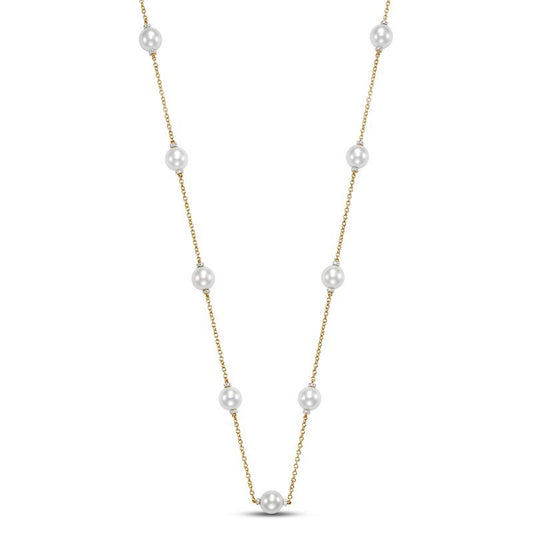 Necklace 9mm pearls accented with diamonds 9 stations 18kt yellow gold - Gaines Jewelers