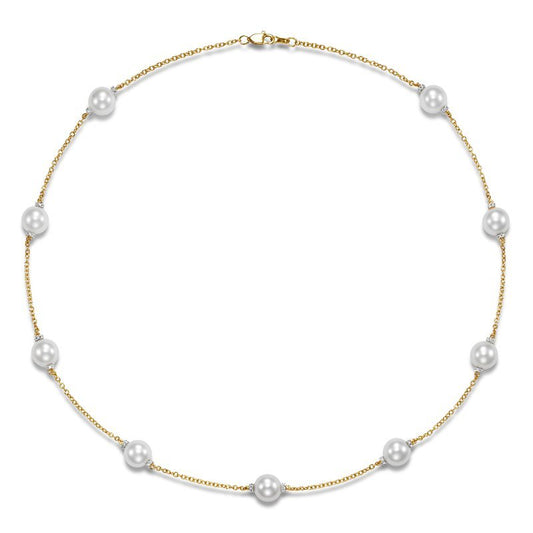 Necklace 9mm pearls accented with diamonds 9 stations 18kt yellow gold - Gaines Jewelers