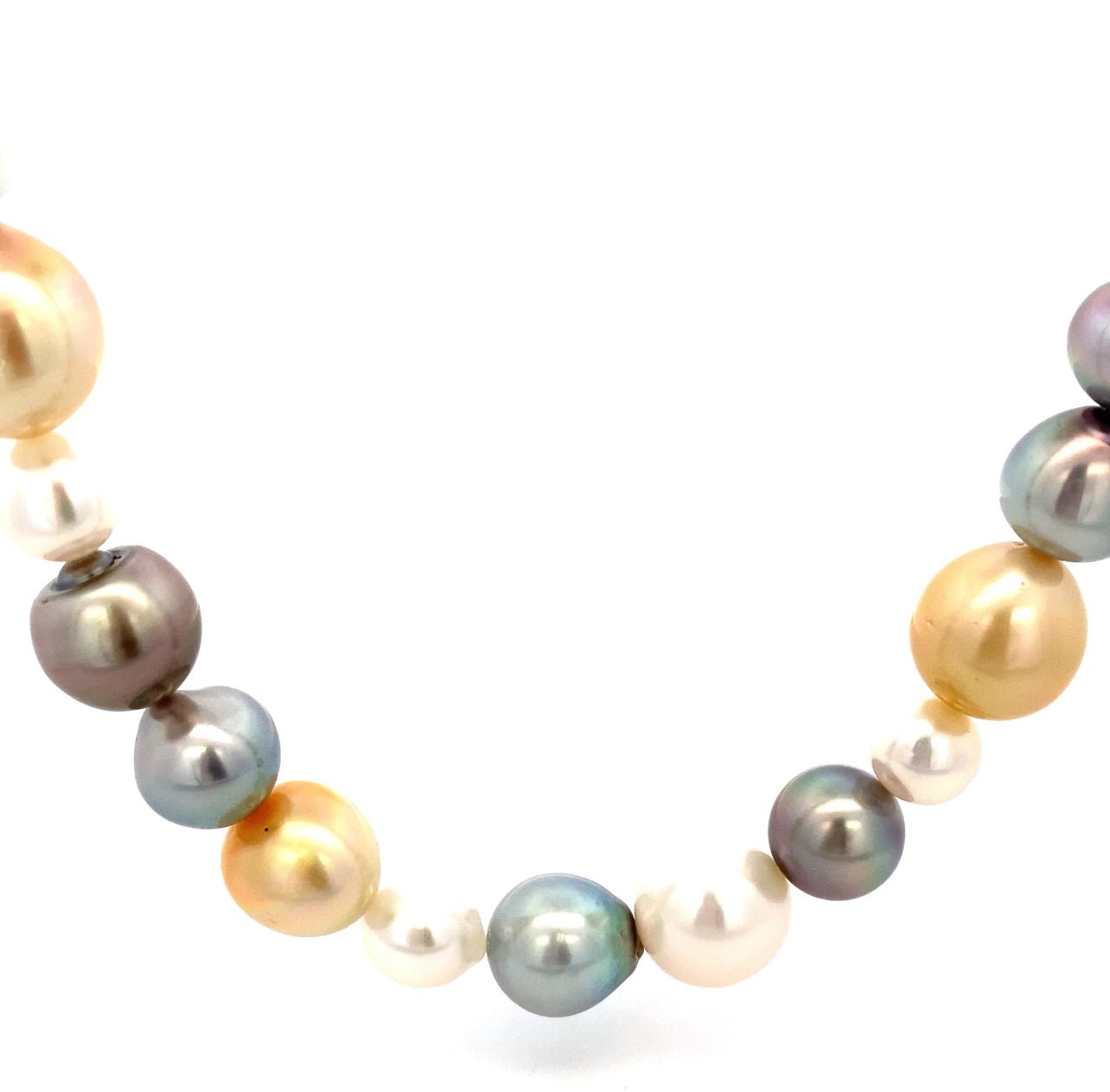 Necklace assorted colors of South Sea pearls, 18", 18kt yellow gold - Gaines Jewelers