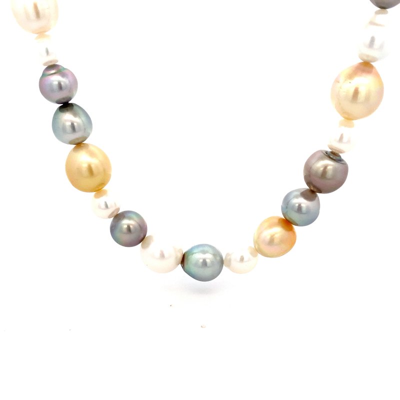 Necklace assorted colors of South Sea pearls, 18", 18kt yellow gold - Gaines Jewelers