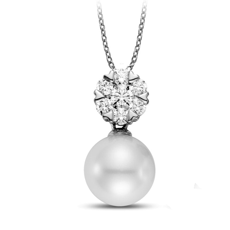 Necklace cultured pearl & diamond cluster 18kt white gold - Gaines Jewelers