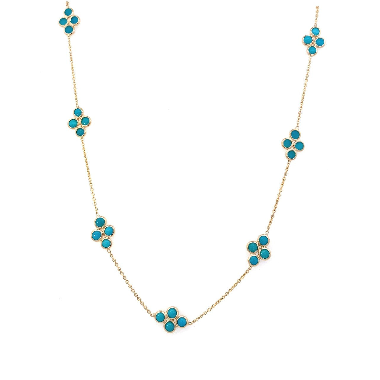 Necklace designed with stations of turquoise clusters in 14kt yellow gold - Gaines Jewelers