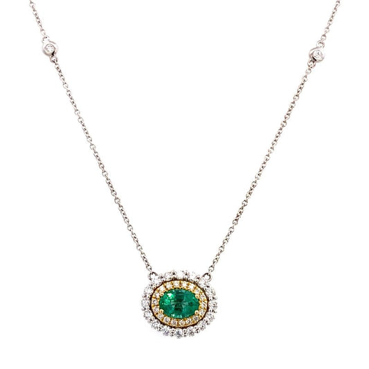 Necklace emerald with double diamond halo on diamond by yard chain - Gaines Jewelers